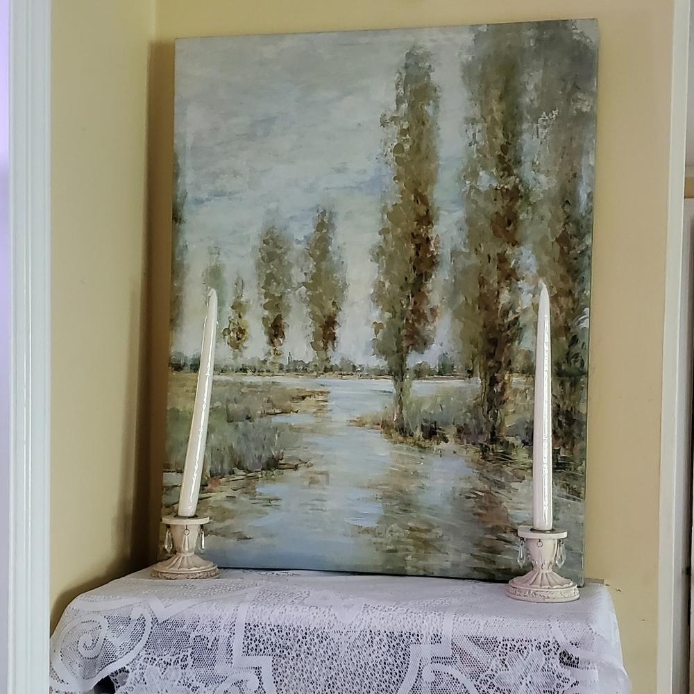 Water color painting with trees amd a river